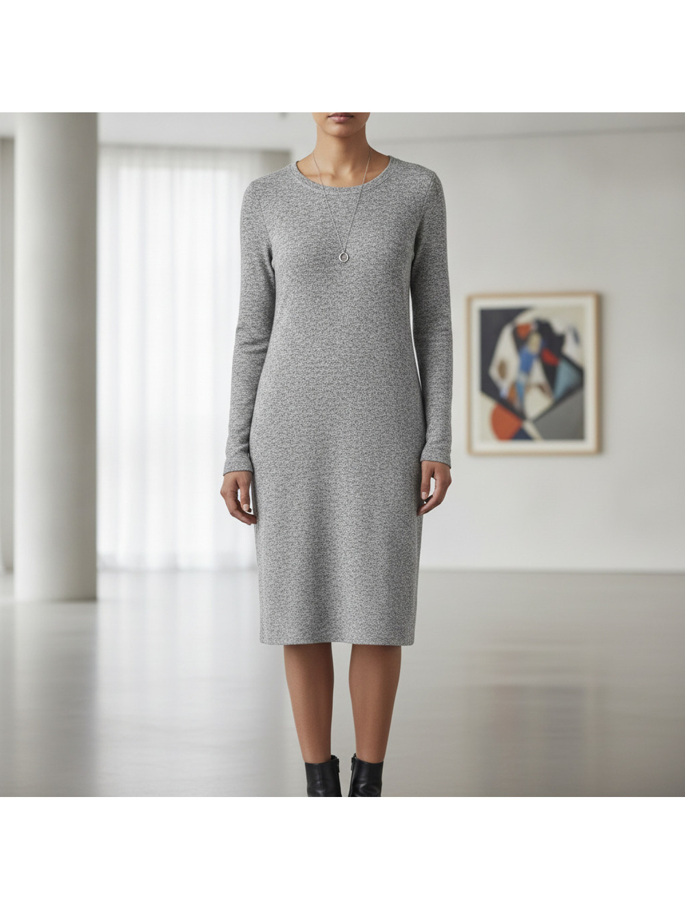 Express Gray Long Sleeve Knit Dress with Flattering Faux Waist Layers, Size L